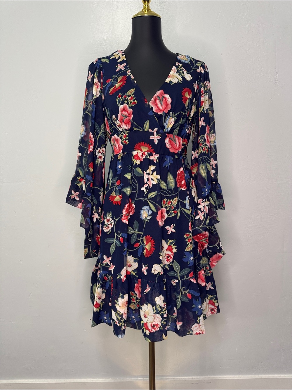 Betsey Johnson Navy Floral Mini Dress with Ruffle Hem